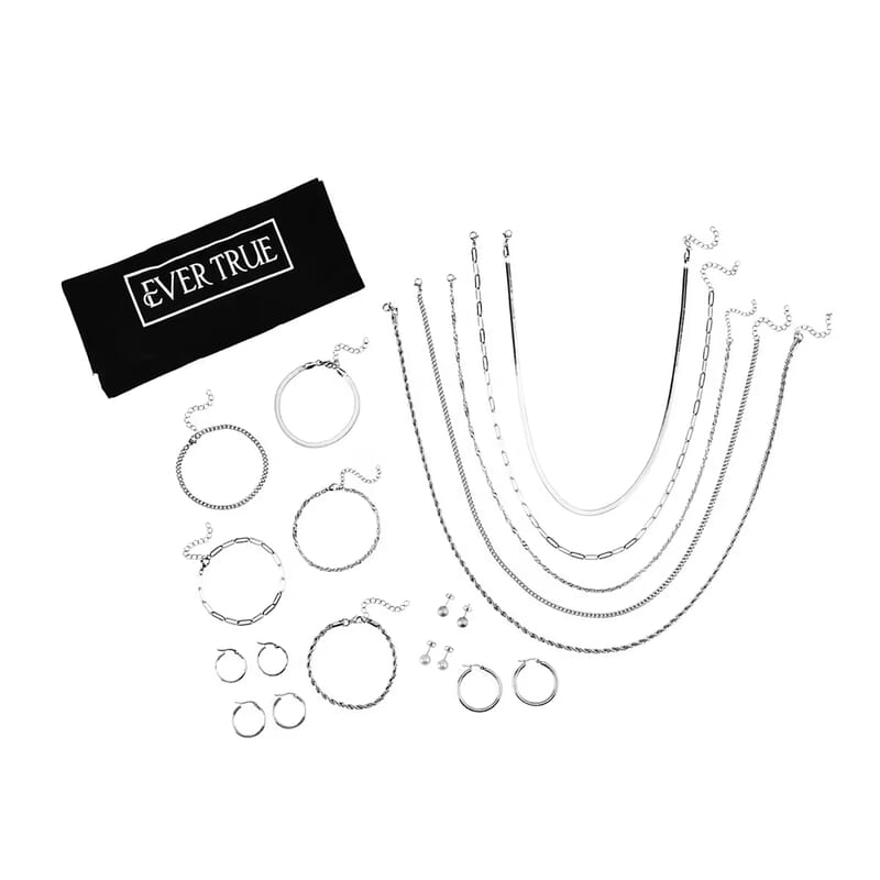 EverTrue 15pcs Jewelry Set with Necklace (18, 20 & 22Inch), Bracelet, Hoops, Stud Earrings in Stainless Steel