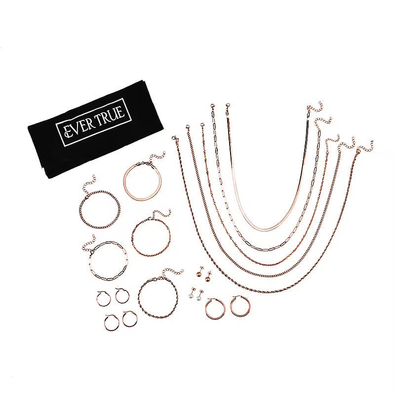 EverTrue 15pcs Jewelry Set with Necklace (18, 20 & 22Inch), Bracelet, Hoops, Stud Earrings in ION Plated RG Stainless Steel