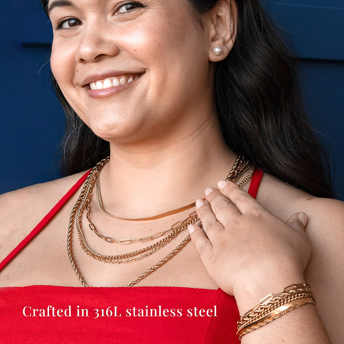 EverTrue 15pcs Jewelry Set with Necklace (18, 20 & 22Inch), Bracelet, Hoops, Stud Earrings in ION Plated RG Stainless Steel image number 5