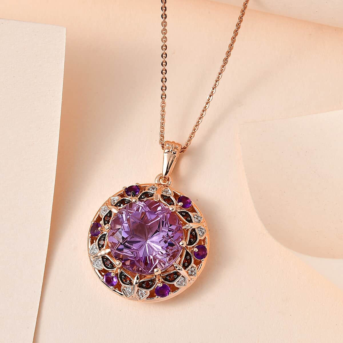 GP Trionfo Collection Rose De France Amethyst and Multi Gemstone Pendant Necklace 20 Inches in Vermeil Rose Gold Over Sterling Silver 8.85 ctw image number 1