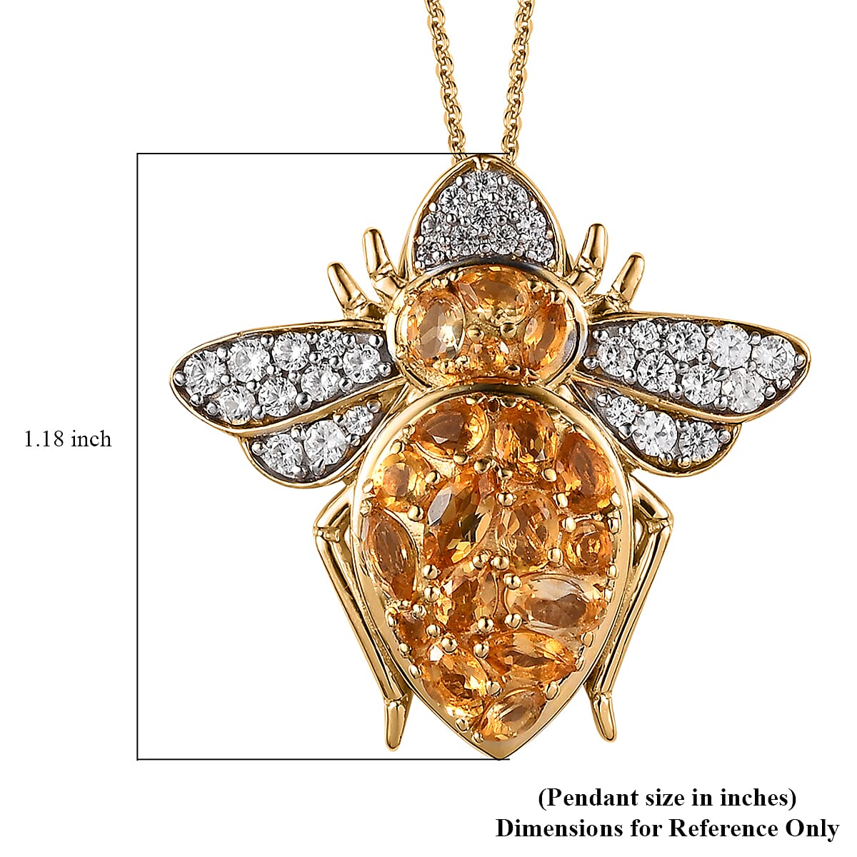 GP Trionfo Collection Premium Brazilian Citrine and White Zircon Bee Pendant Necklace 20 Inches in Vermeil Yellow Gold Over Sterling Silver 3.60 ctw