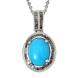 Sleeping Beauty Turquoise and Natural Champagne Diamond Halo Pendant Necklace 20 Inches in Platinum Over Sterling Silver 1.85 ctw