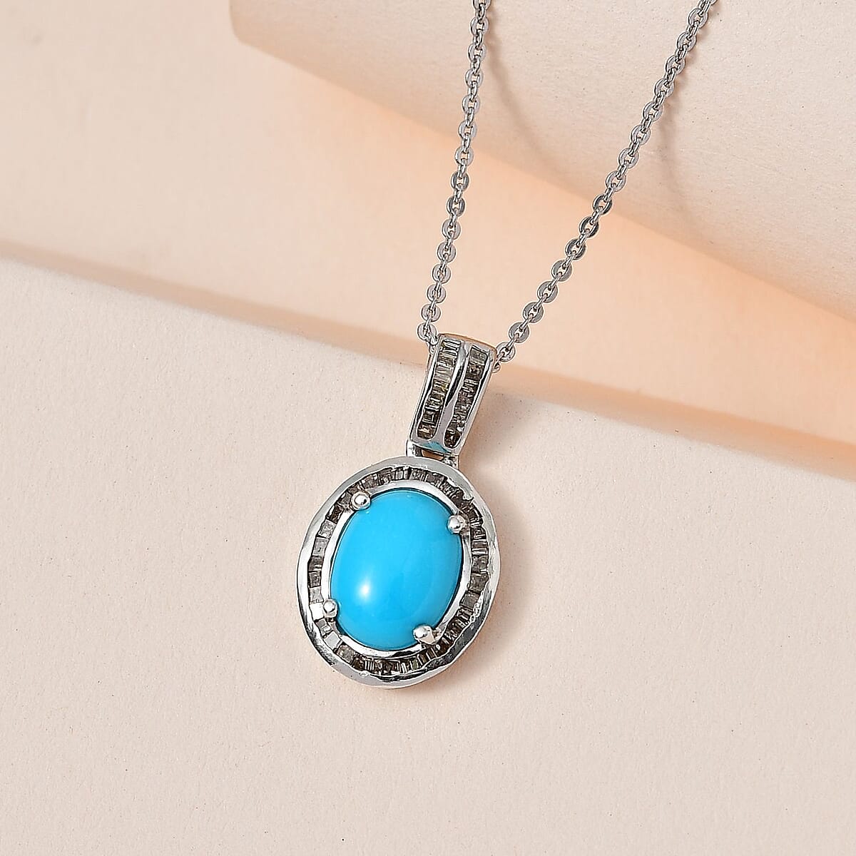 Sleeping Beauty Turquoise and Natural Champagne Diamond Halo Pendant Necklace 20 Inches in Platinum Over Sterling Silver 1.85 ctw image number 1