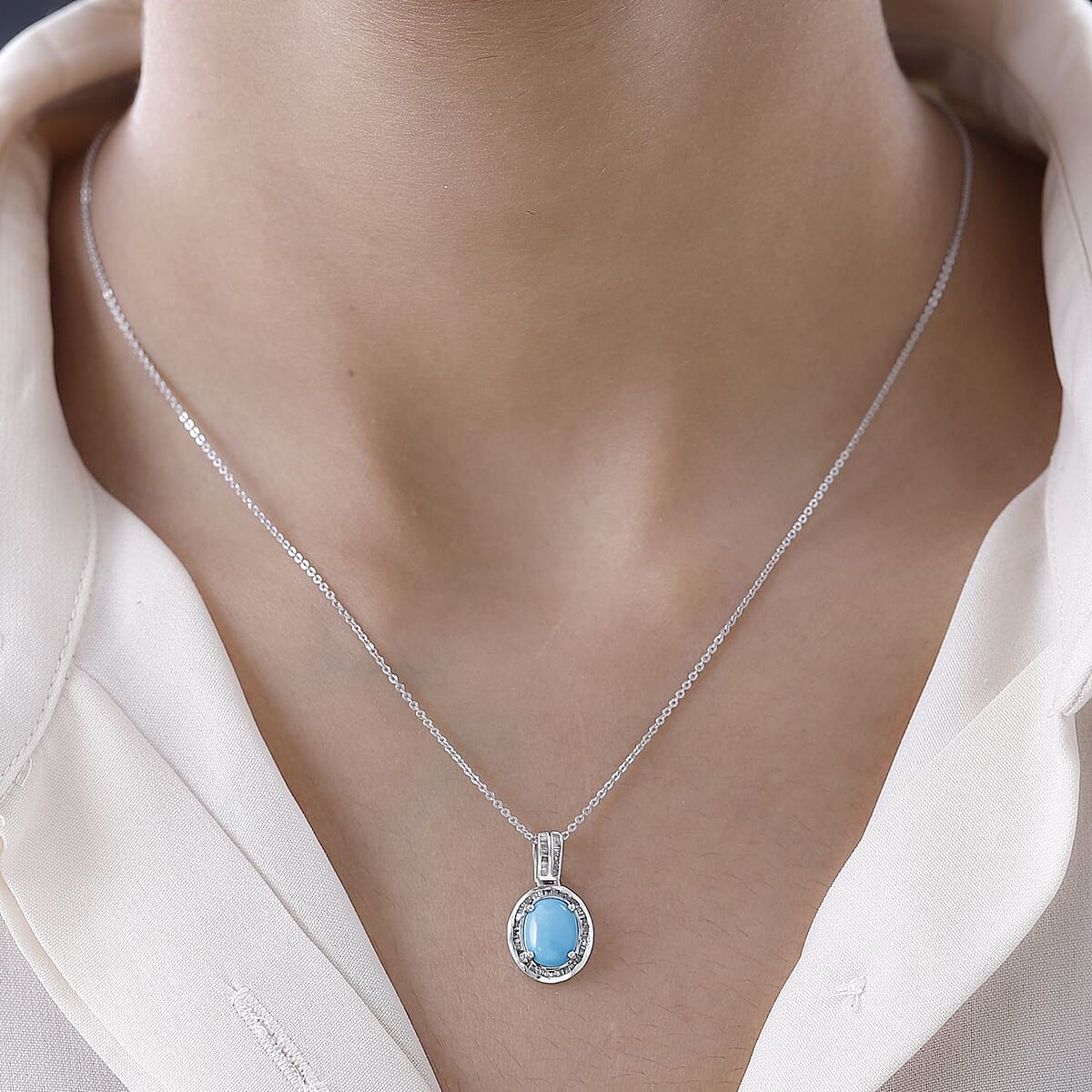 Sleeping Beauty Turquoise and Natural Champagne Diamond Halo Pendant Necklace 20 Inches in Platinum Over Sterling Silver 1.85 ctw image number 2