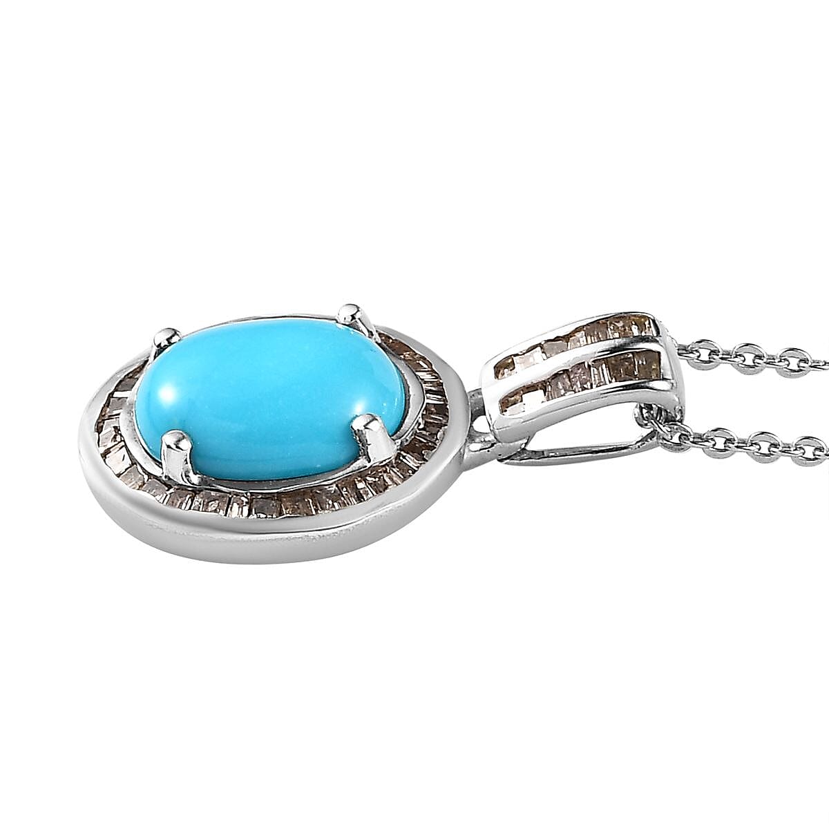 Sleeping Beauty Turquoise and Natural Champagne Diamond Halo Pendant Necklace 20 Inches in Platinum Over Sterling Silver 1.85 ctw image number 3