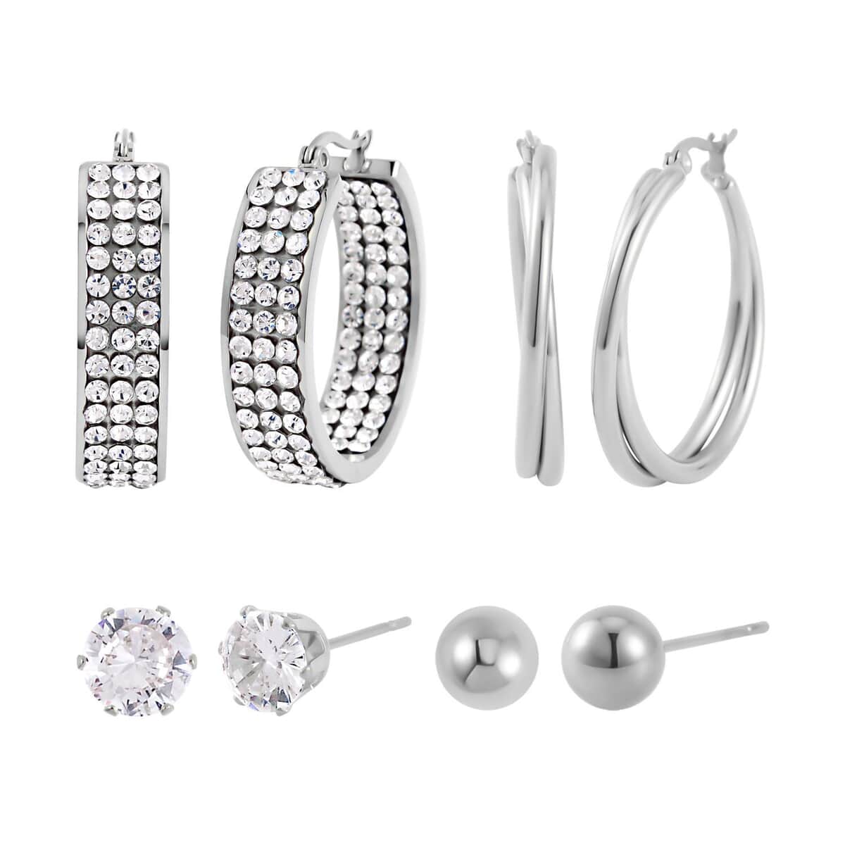 Set of 4 pairs Simulated Diamod, Austrian Crystal Hoops and Stud Earrings in Stainless Steel image number 0