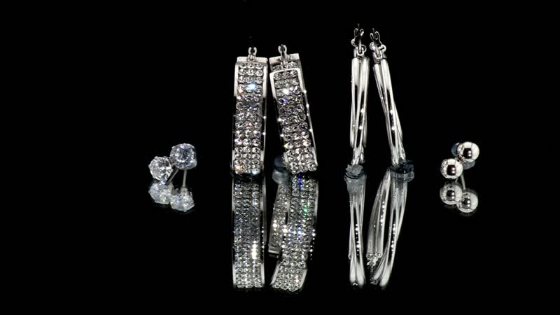 Set of 4 pairs Simulated Diamod, Austrian Crystal Hoops and Stud Earrings in Stainless Steel