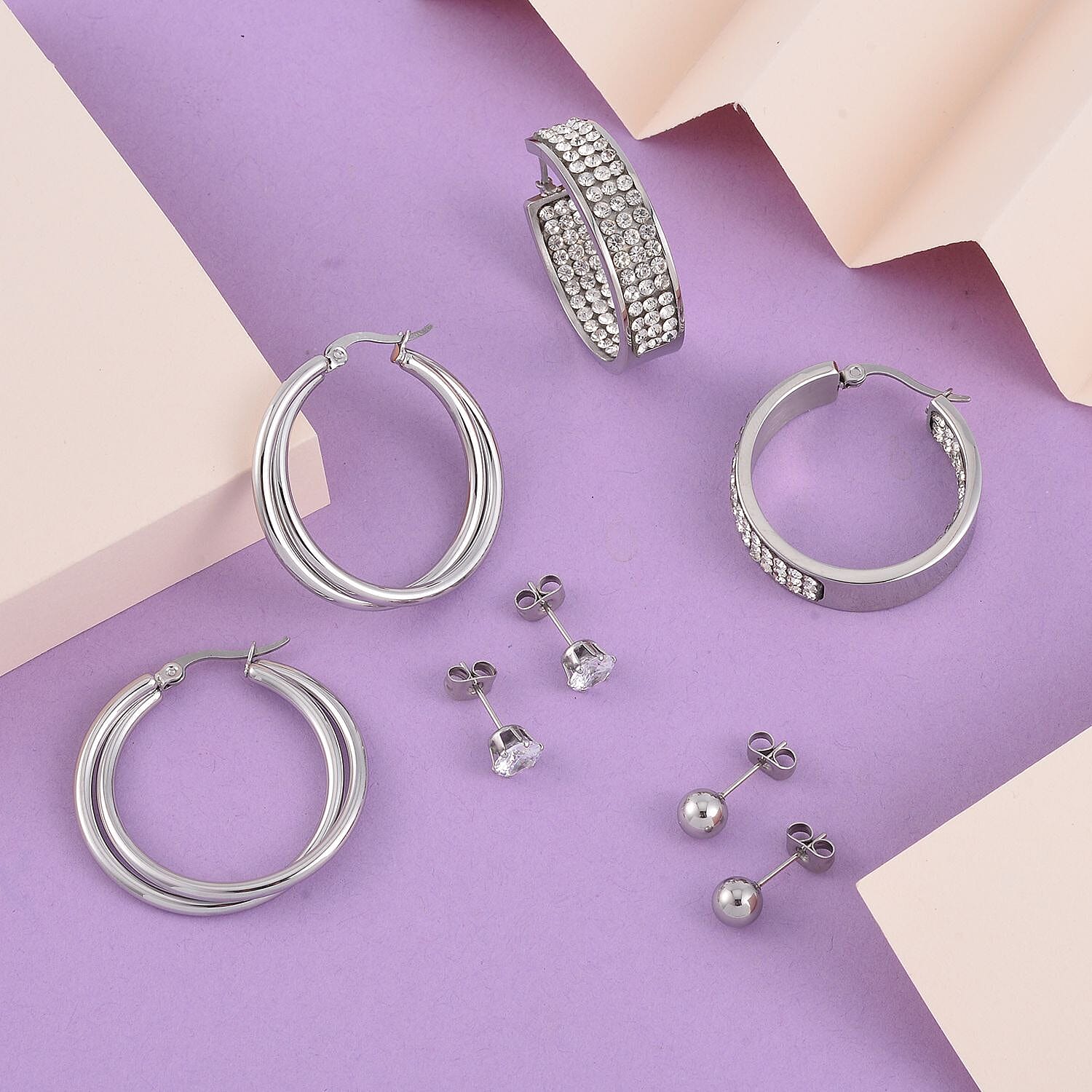 Evertrue Set of 4 pairs Simulated Diamond, Austrian Crystal Hoops and Stud Earrings in Stainless Steel