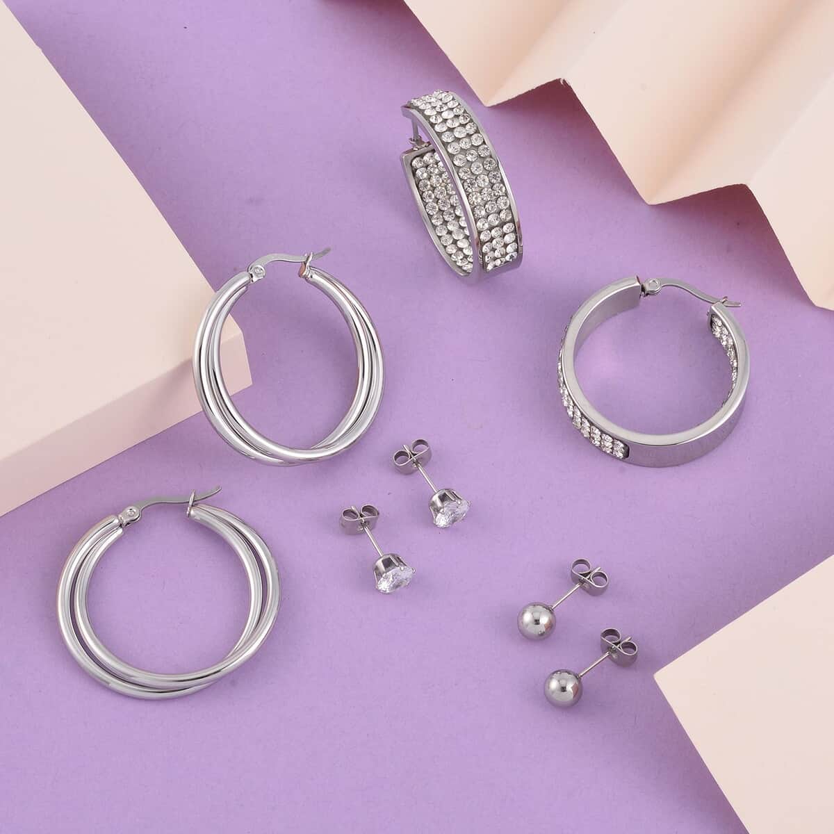Set of 4 pairs Simulated Diamod, Austrian Crystal Hoops and Stud Earrings in Stainless Steel image number 1