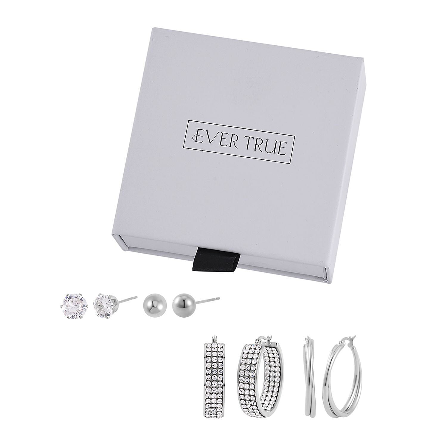 Evertrue Set of 4 pairs Simulated Diamond, Austrian Crystal Hoops and Stud Earrings in Stainless Steel