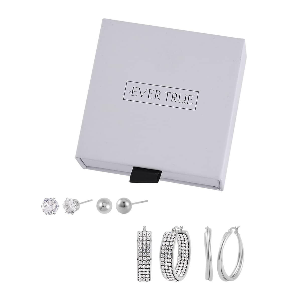 Evertrue Set of 4 pairs Simulated Diamond, Austrian Crystal Hoops and Stud Earrings in Stainless Steel image number 2