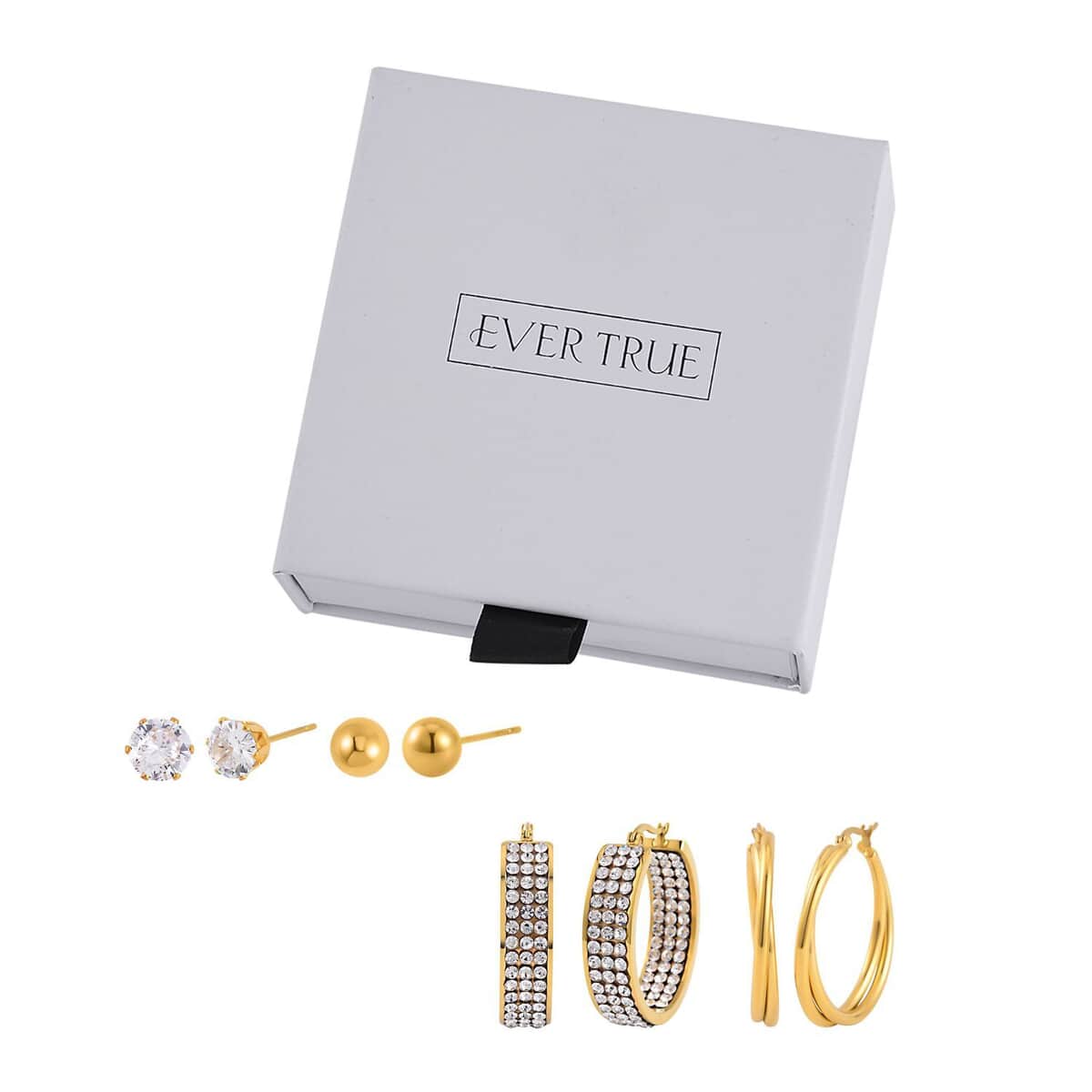 Evertrue Set of 4 pairs Simulated Diamond, Austrian Crystal Hoops and Stud Earrings in ION Plated Yellow Gold Stainless Steel image number 2