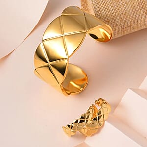 EverTrue Diamond-cut Cuff Bracelet (7.0 In) and Half Hoop Earrings in ION Plated Yellow Gold Stainless Steel, Jewelry Set, Birthday Gift For Her