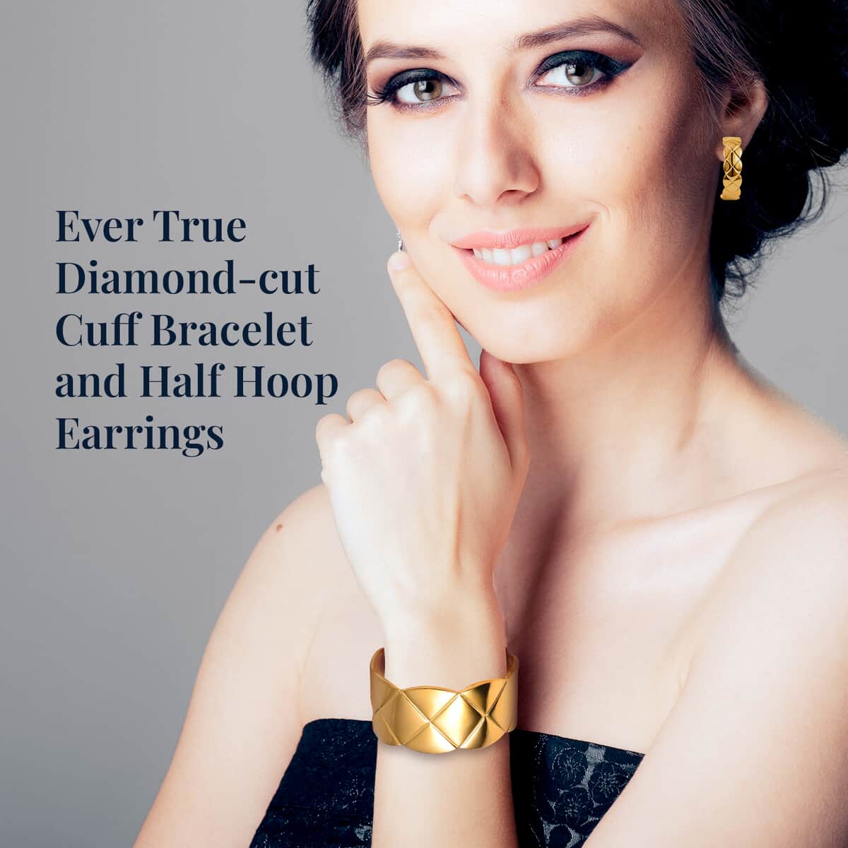 Ever True Diamond-cut Cuff Bracelet (7.0 In) and Half Hoop Earrings in ION Plated Yellow Gold Stainless Steel, Jewelry Set, Birthday Gift For Her image number 2