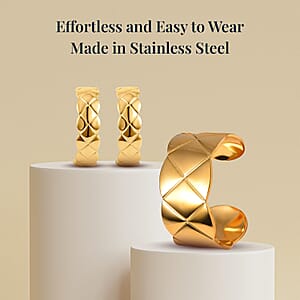 EverTrue Diamond-cut Cuff Bracelet (7.0 In) and Half Hoop Earrings in ION Plated Yellow Gold Stainless Steel, Jewelry Set, Birthday Gift For Her