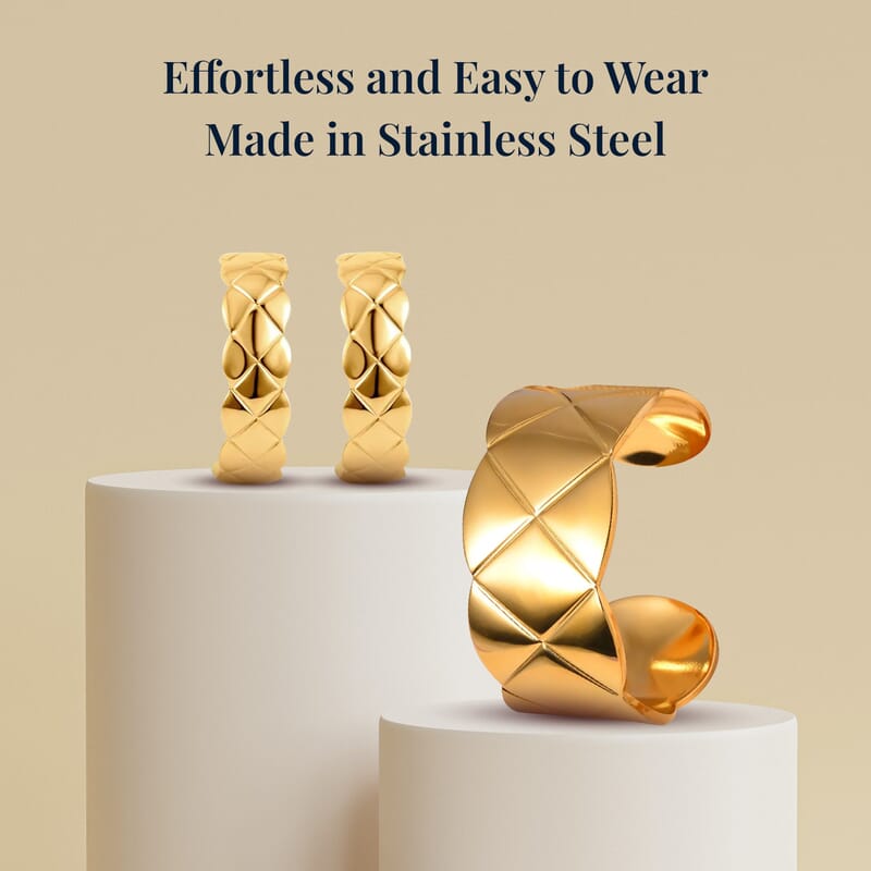 EverTrue Diamond-cut Cuff Bracelet (7.0 In) and Half Hoop Earrings in ION Plated Yellow Gold Stainless Steel, Jewelry Set, Birthday Gift For Her