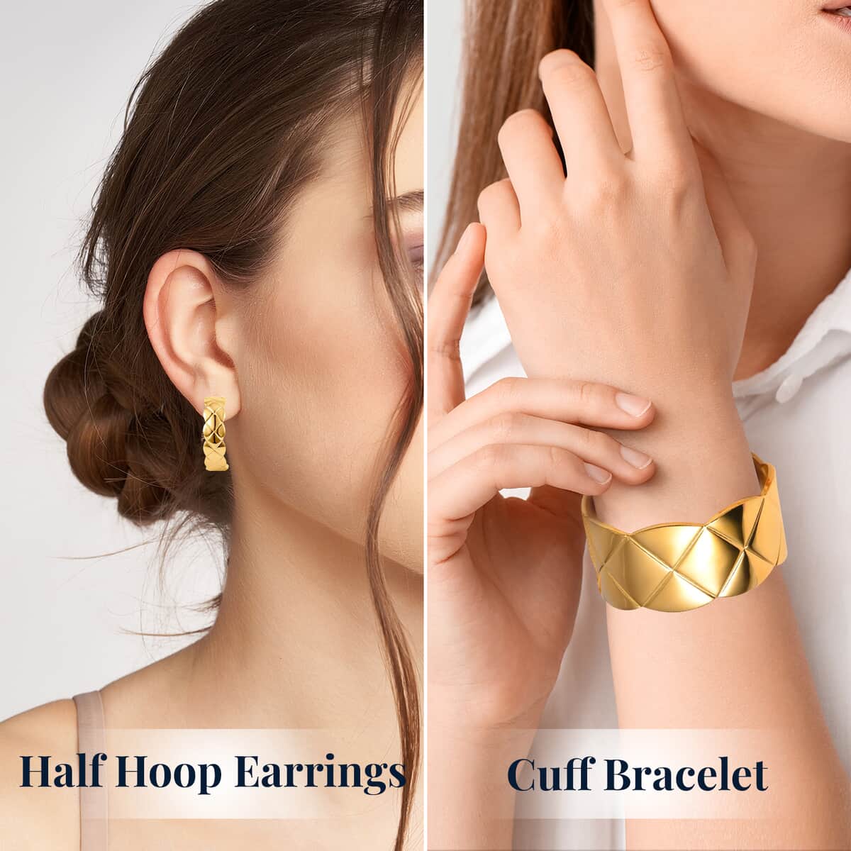 Ever True Diamond-cut Cuff Bracelet (7.0 In) and Half Hoop Earrings in ION Plated Yellow Gold Stainless Steel, Jewelry Set, Birthday Gift For Her image number 4