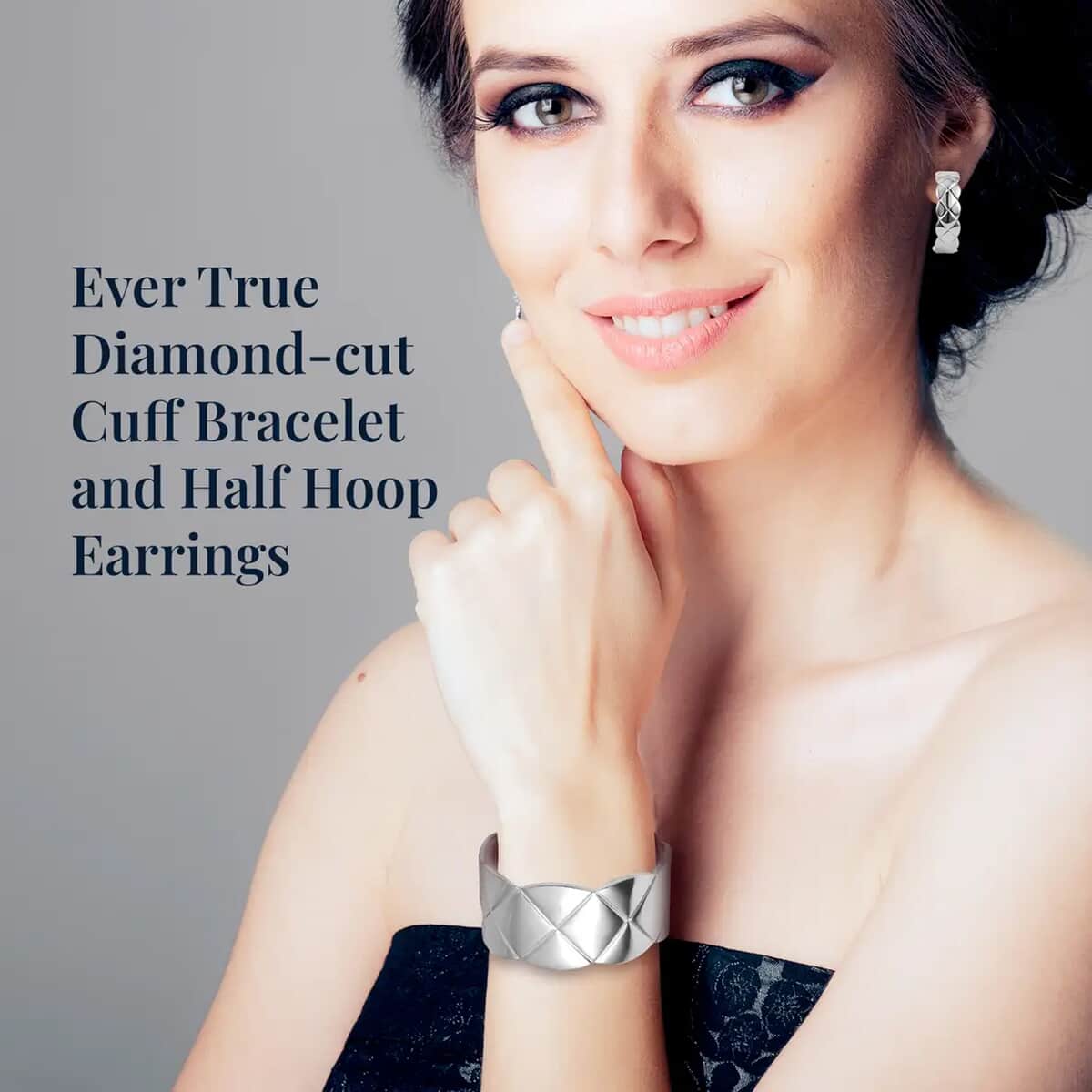 Ever True Diamond-cut Cuff Bracelet (7.0 In) and Half Hoop Earrings in Stainless Steel, Jewelry Set, Birthday Gift For Her image number 4