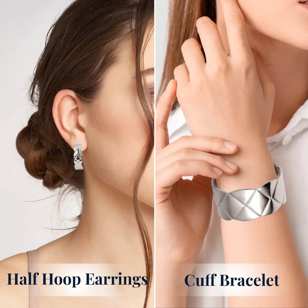 Ever True Diamond-cut Cuff Bracelet (7.0 In) and Half Hoop Earrings in Stainless Steel, Jewelry Set, Birthday Gift For Her image number 6