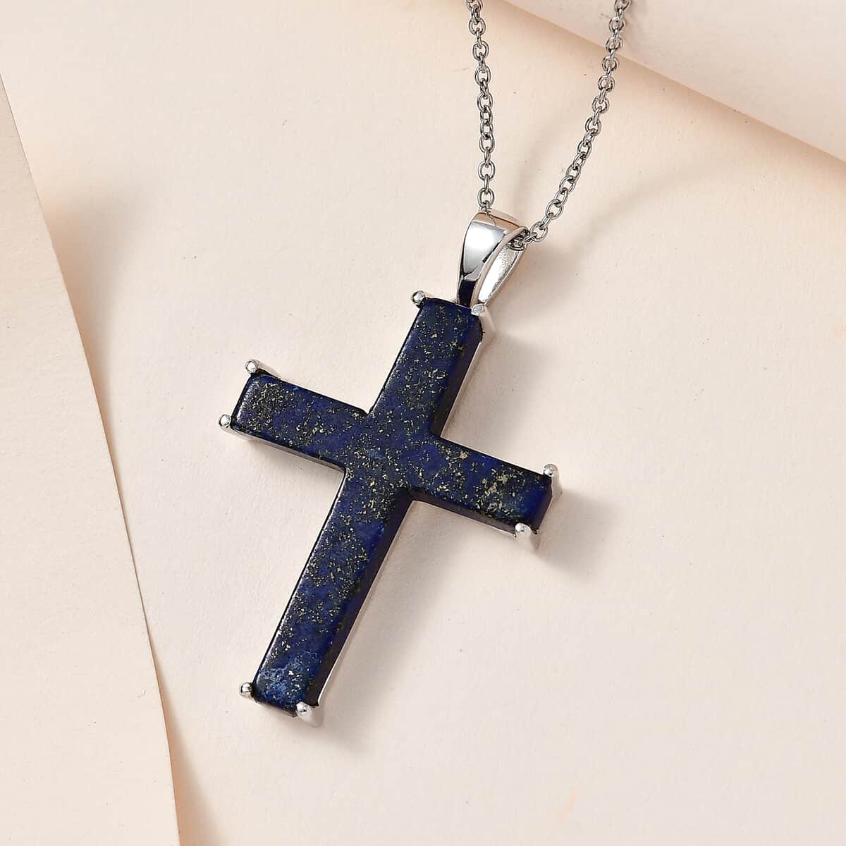 Karis Lapis Lazuli Cross Pendant in Platinum Bond and Stainless Steel Necklace 20 Inches 24.25 ctw image number 1