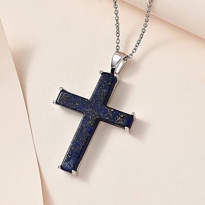 Karis Lapis Lazuli 24.25 ctw Cross Pendant in Platinum Bond and Stainless Steel Necklace 20 Inches