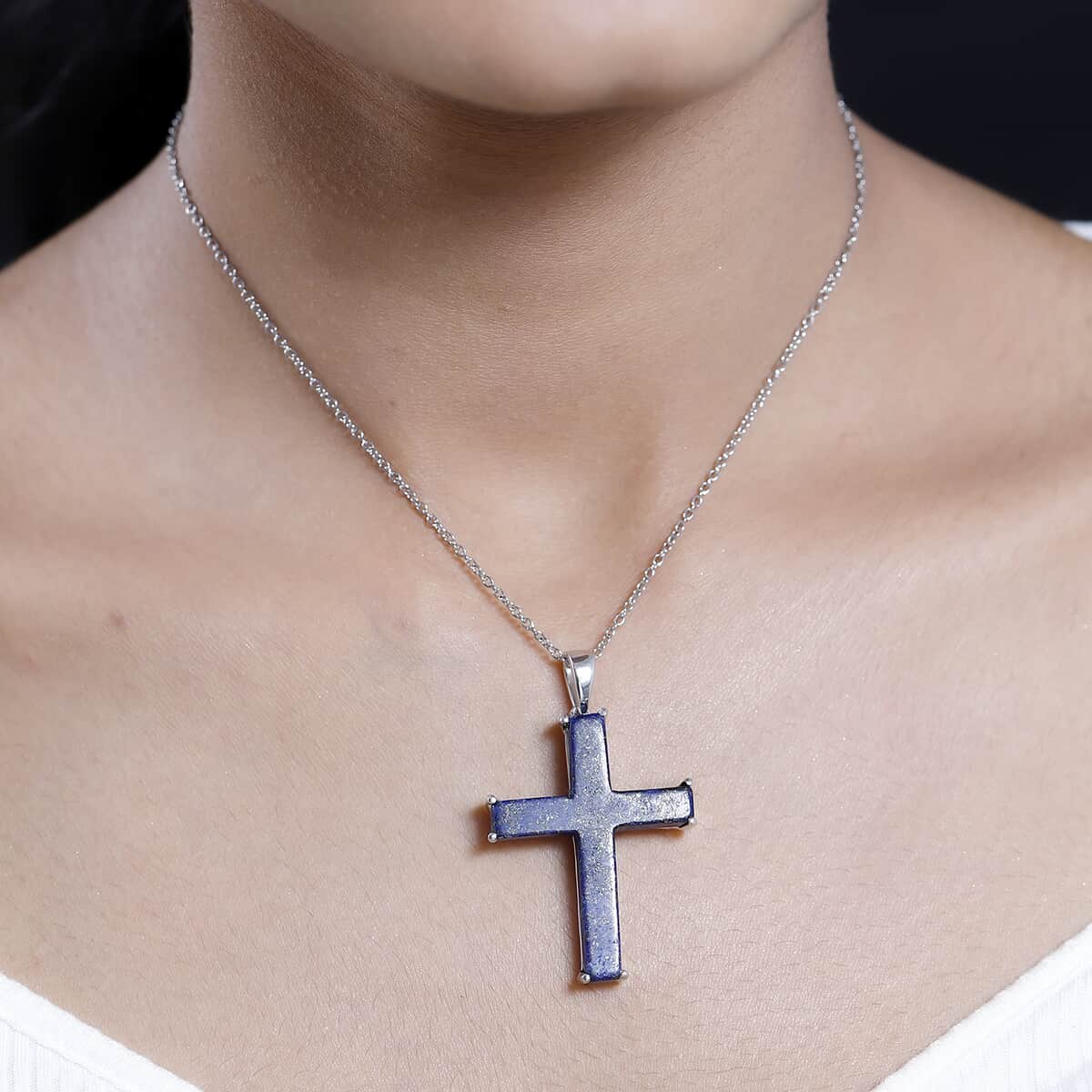 Karis Lapis Lazuli Cross Pendant in Platinum Bond and Stainless Steel Necklace 20 Inches 24.25 ctw image number 2