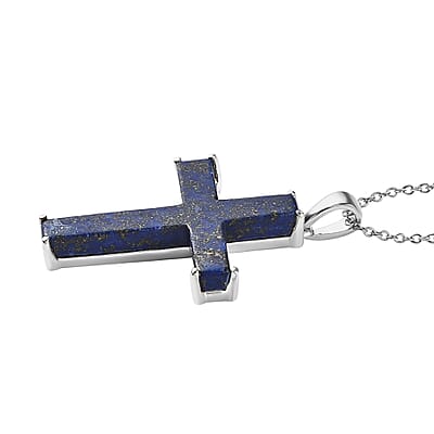 Karis Lapis Lazuli 24.25 ctw Cross Pendant in Platinum Bond and Stainless Steel Necklace 20 Inches