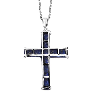 Karis Lapis Lazuli 24.25 ctw Cross Pendant in Platinum Bond and Stainless Steel Necklace 20 Inches