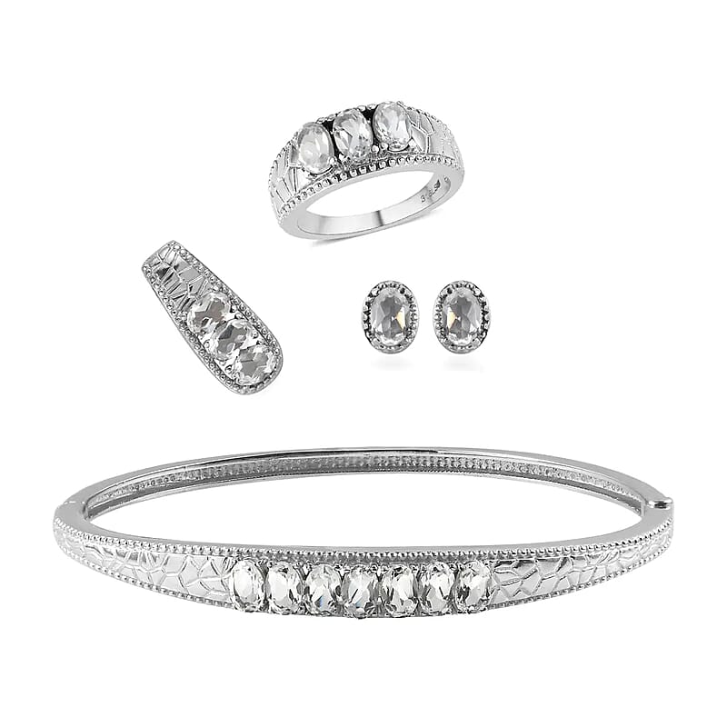 White Topaz Jewelry Set of Bangle Bracelet, 3 Stone Ring, Pendant and Stud Earrings, Stainless Steel Jewelry Set, Gifts For Her 9.10 ctw