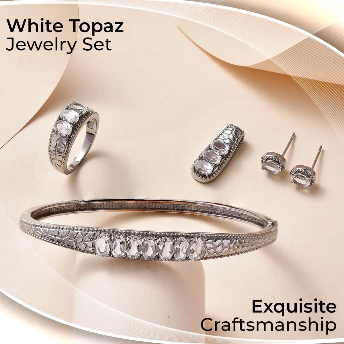 Doorbuster White Topaz Bangle Bracelet (7.25In), 3 Stone Ring (Size 7.00), Pendant and Stud Earrings in Stainless Steel 9.10 ctw image number 1