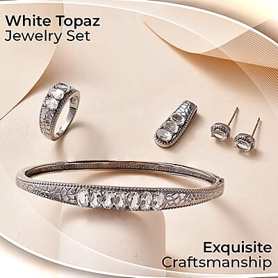 White Topaz Jewelry Set of Bangle Bracelet, 3 Stone Ring, Pendant and Stud Earrings, Stainless Steel Jewelry Set, Gifts For Her 9.10 ctw