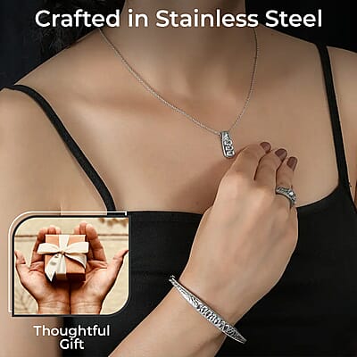 White Topaz Jewelry Set of Bangle Bracelet, 3 Stone Ring, Pendant and Stud Earrings, Stainless Steel Jewelry Set, Gifts For Her 9.10 ctw