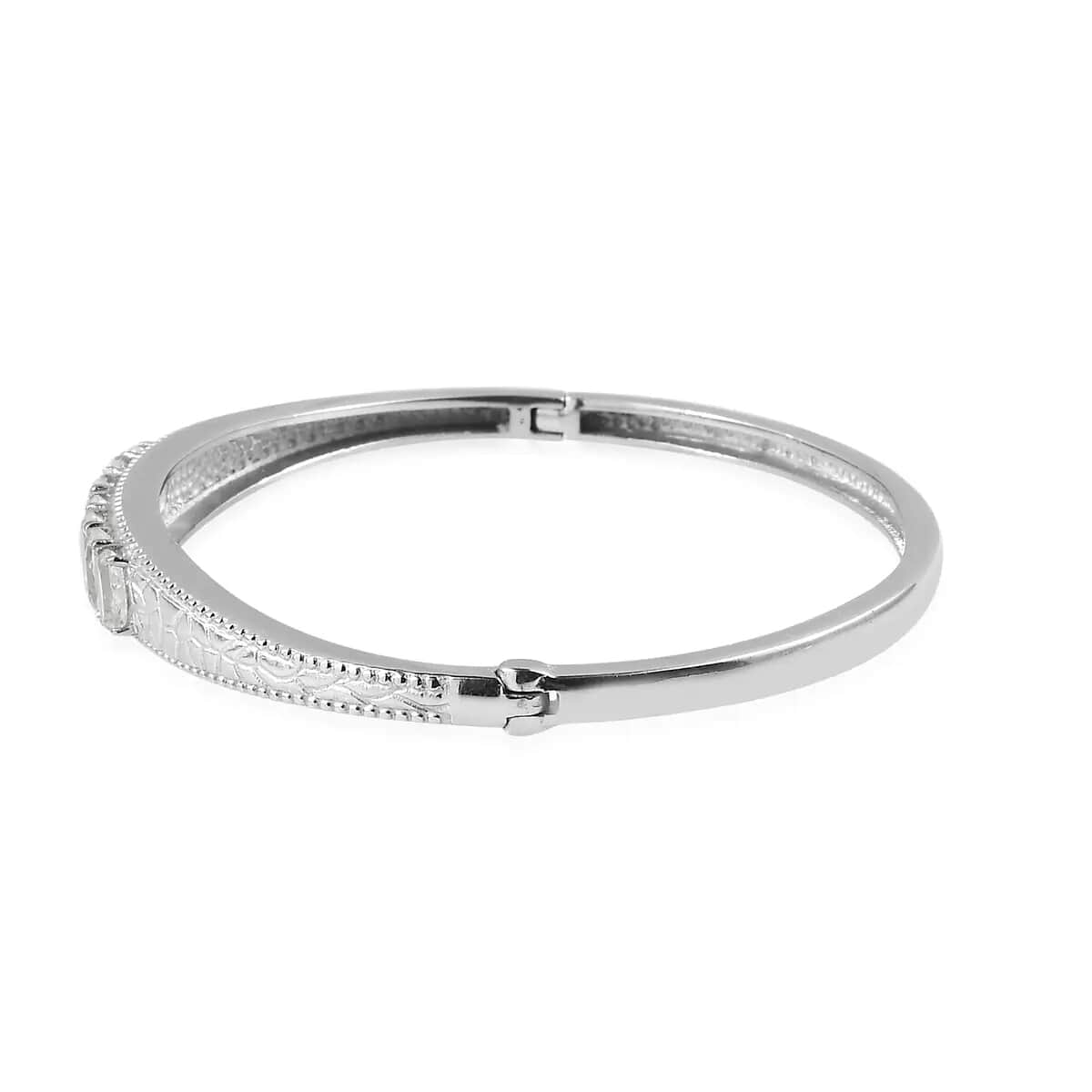 Doorbuster White Topaz Bangle Bracelet (7.25In), 3 Stone Ring (Size 7.00), Pendant and Stud Earrings in Stainless Steel 9.10 ctw image number 6