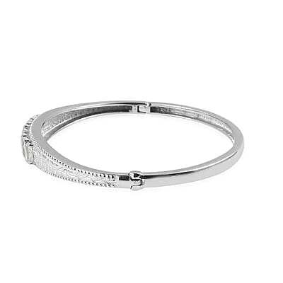 White Topaz Jewelry Set of Bangle Bracelet, 3 Stone Ring, Pendant and Stud Earrings, Stainless Steel Jewelry Set, Gifts For Her 9.10 ctw