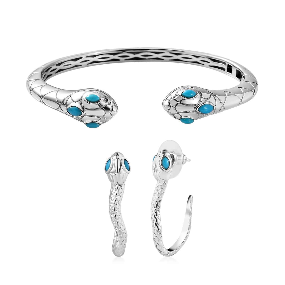 Karis Sleeping Beauty Turquoise Snake Cuff Bracelet (6.50 In) and Earrings in Platinum Bond 1.25 ctw image number 0