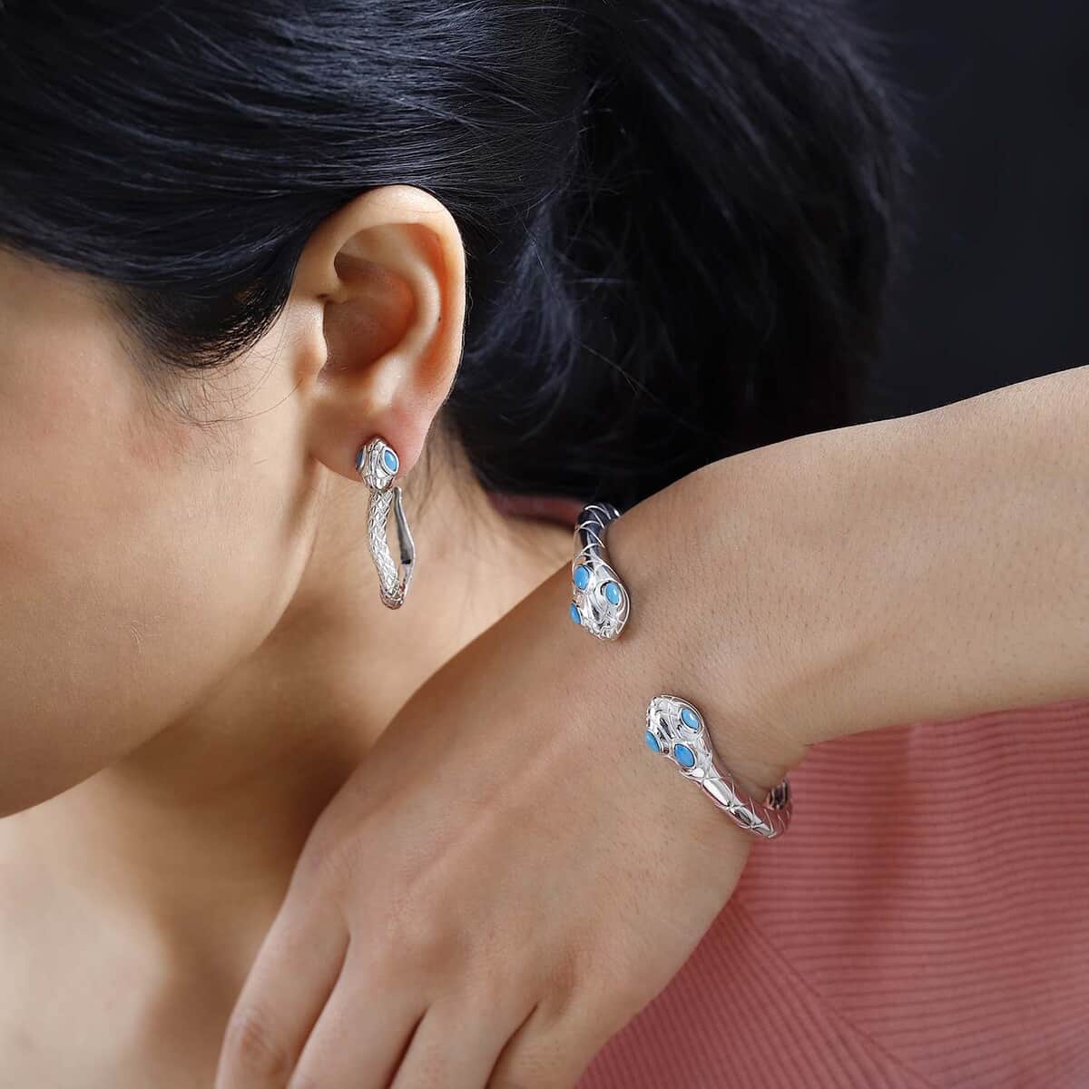 Karis Sleeping Beauty Turquoise Snake Cuff Bracelet (6.50 In) and Earrings in Platinum Bond 1.25 ctw image number 2