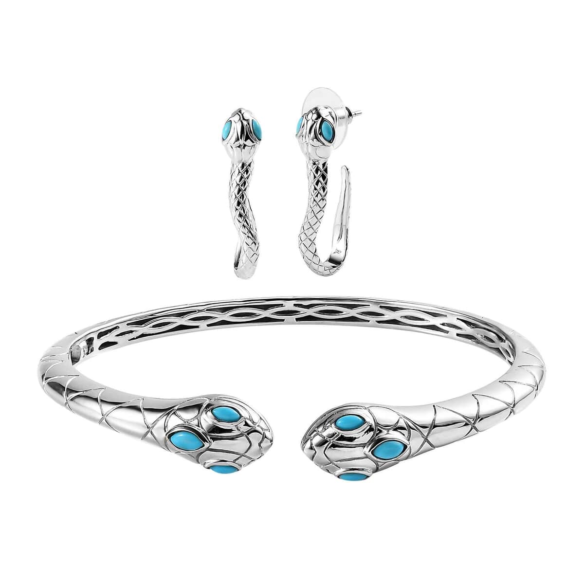 Karis Sleeping Beauty Turquoise Snake Cuff Bracelet (7.25 In) and Earrings in Platinum Bond 1.25 ctw image number 0