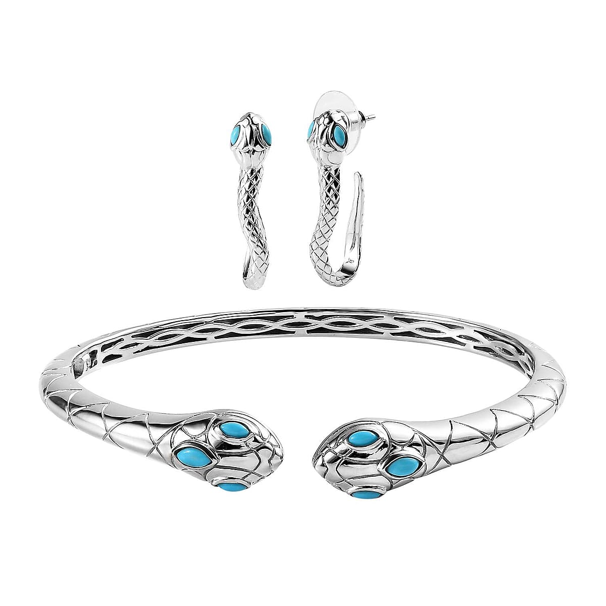 Karis Sleeping Beauty Turquoise Snake Cuff Bracelet (7.25 In) and Earrings in Platinum Bond 1.25 ctw image number 0