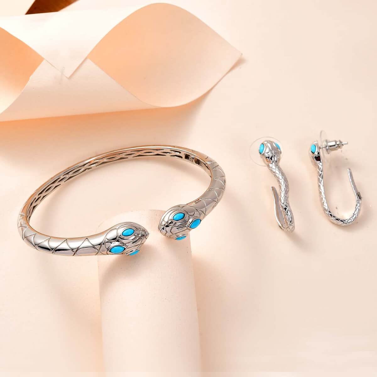 Karis Sleeping Beauty Turquoise Snake Cuff Bracelet (7.25 In) and Earrings in Platinum Bond 1.25 ctw image number 1