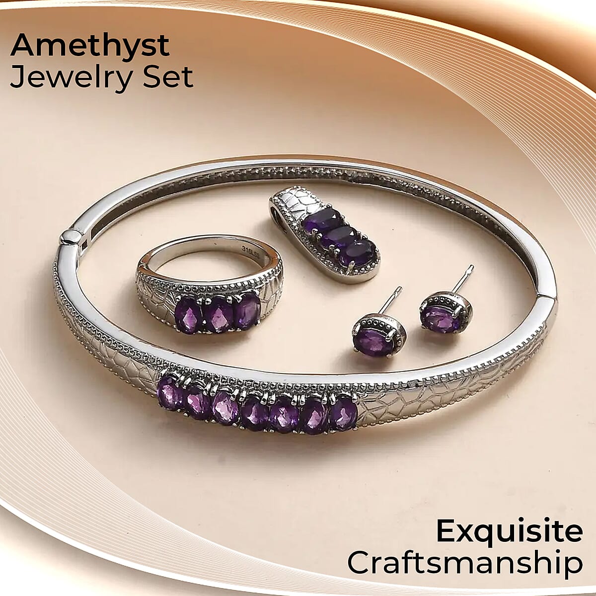 Amethyst Jewelry Set of Bangle Bracelet, 3 Stone Ring, Pendant and Stud Earrings, Stainless Steel Jewelry Set, Gifts For Her 6.25 ctw image number 1