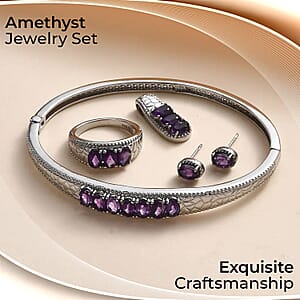 Amethyst Jewelry Set of Bangle Bracelet, 3 Stone Ring, Pendant and Stud Earrings, Stainless Steel Jewelry Set, Gifts For Her 6.25 ctw