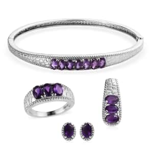 Amethyst Jewelry Set of Bangle Bracelet, 3 Stone Ring, Pendant and Stud Earrings, Stainless Steel Jewelry Set, Gifts For Her 6.25 ctw