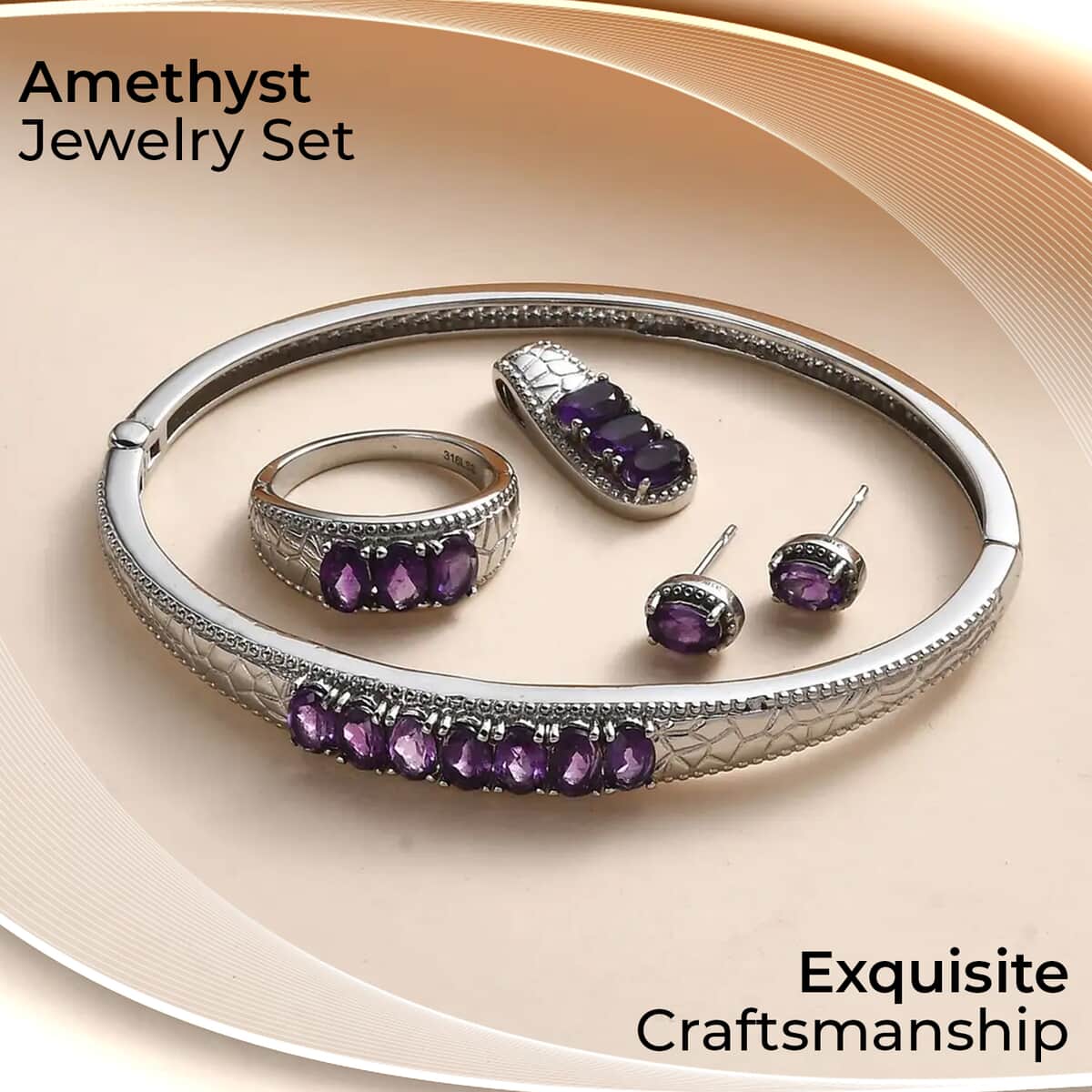 Amethyst Jewelry Set of Bangle Bracelet, 3 Stone Ring, Pendant and Stud Earrings, Stainless Steel Jewelry Set, Gifts For Her 6.25 ctw image number 1