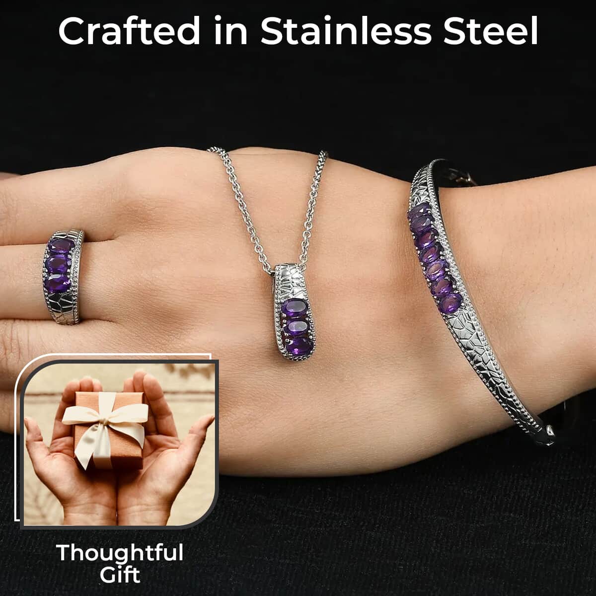 Amethyst Jewelry Set of Bangle Bracelet, 3 Stone Ring, Pendant and Stud Earrings, Stainless Steel Jewelry Set, Gifts For Her 6.25 ctw image number 6
