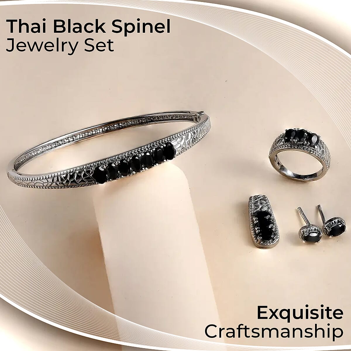 Thai Black Spinel Jewelry Set of Bangle Bracelet, 3 Stone Ring, Pendant and Stud Earrings, Stainless Steel Jewelry Set, Gifts For Her 9.00 ctw image number 1