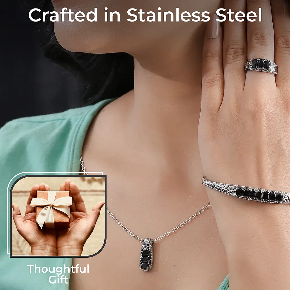 Thai Black Spinel Jewelry Set of Bangle Bracelet, 3 Stone Ring, Pendant and Stud Earrings, Stainless Steel Jewelry Set, Gifts For Her 9.00 ctw image number 3