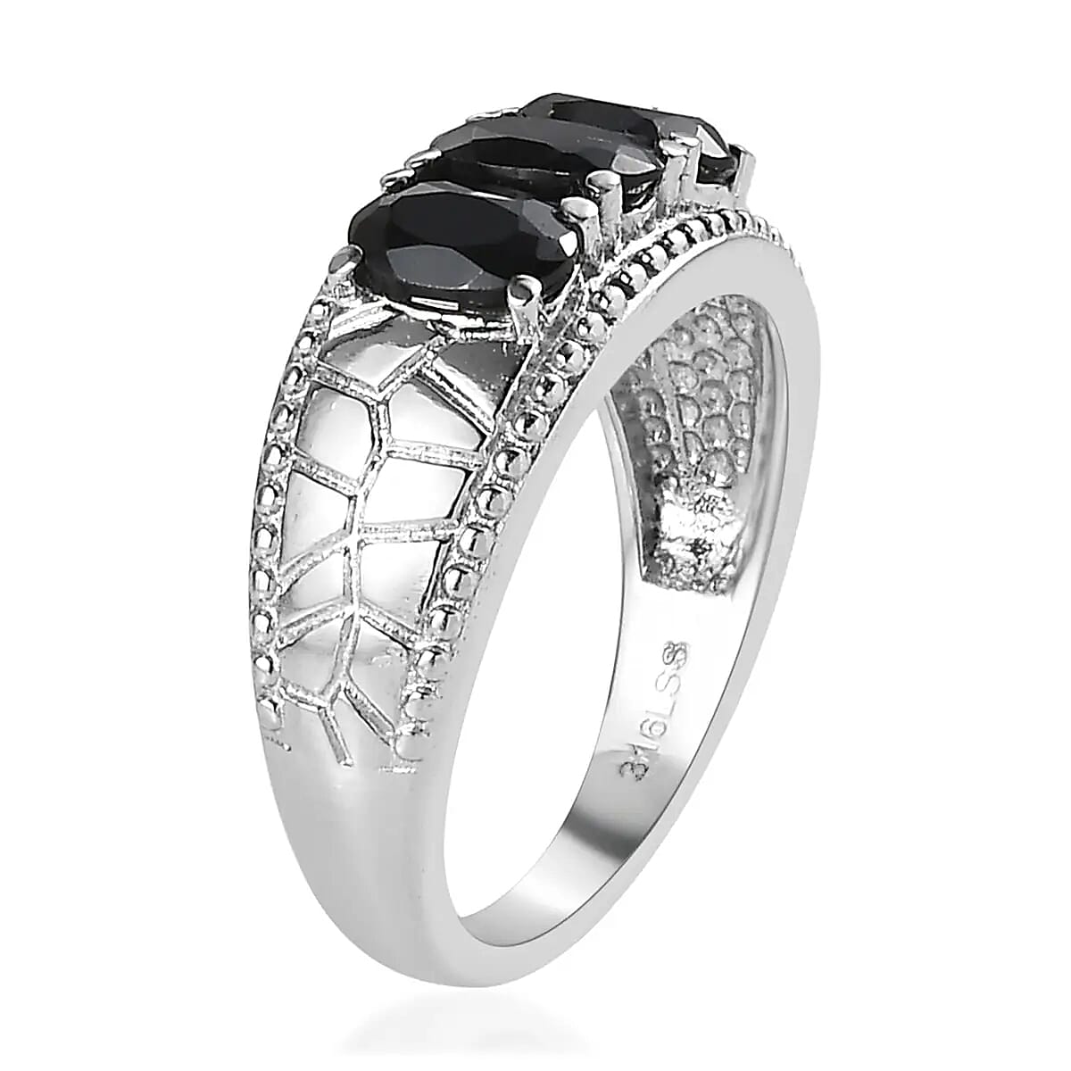 Thai Black Spinel Jewelry Set of Bangle Bracelet, 3 Stone Ring, Pendant and Stud Earrings, Stainless Steel Jewelry Set, Gifts For Her 9.00 ctw image number 5