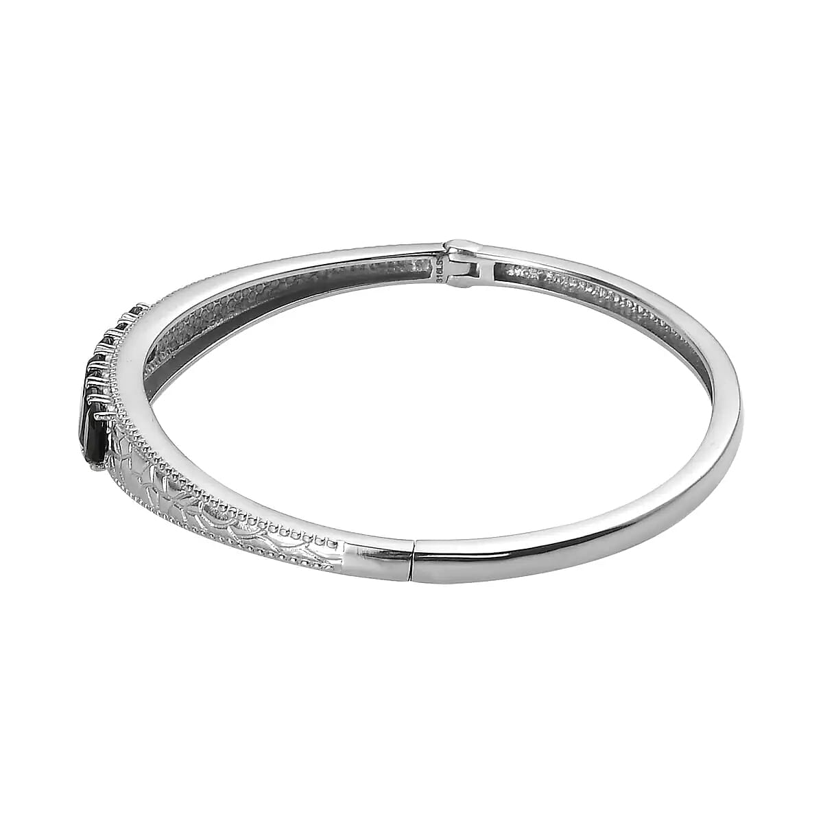 Thai Black Spinel Jewelry Set of Bangle Bracelet, 3 Stone Ring, Pendant and Stud Earrings, Stainless Steel Jewelry Set, Gifts For Her 9.00 ctw image number 6