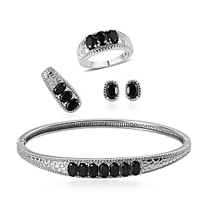 Thai Black Spinel Jewelry Set of Bangle Bracelet, 3 Stone Ring, Pendant and Stud Earrings, Stainless Steel Jewelry Set, Gifts For Her 9.00 ctw