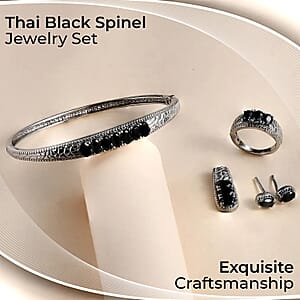 Thai Black Spinel Jewelry Set of Bangle Bracelet, 3 Stone Ring, Pendant and Stud Earrings, Stainless Steel Jewelry Set, Gifts For Her 9.00 ctw